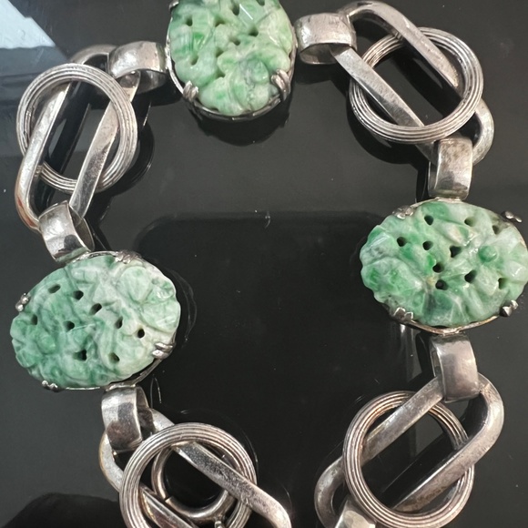 Antique Art Deco Bracelet Carved Green White Jadeite Sterling Chinese Export - Picture 12 of 13